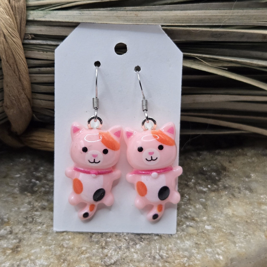 Pink Calico Cat Earrings Pierced Cat Lady Dangle Drop Jewelry Light Weight Nwt 15$